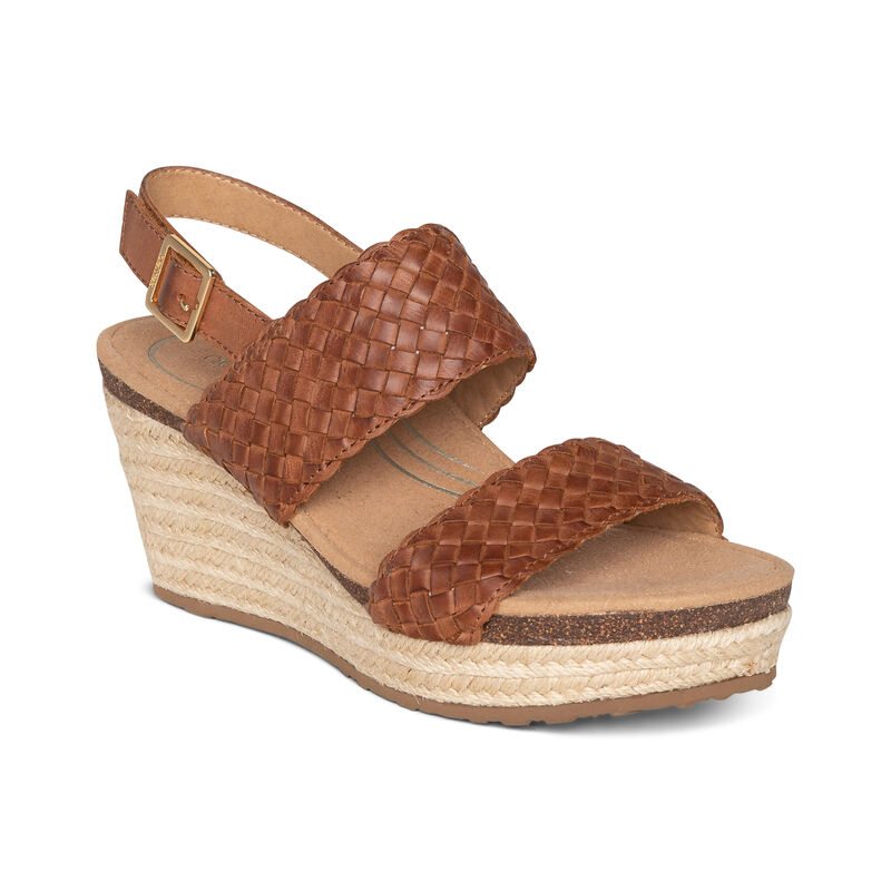 Aetrex Womens Summer Woven Quarter Strap Wedges Cognac - 1c6JXTzpd